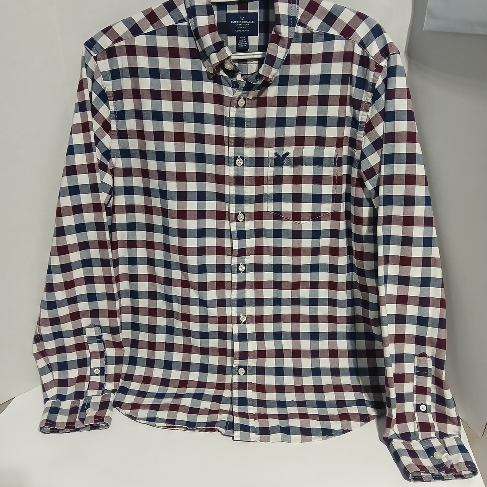 American Eagle Shirt Mens Medium Red Check Casual Button Up Long Sleeve